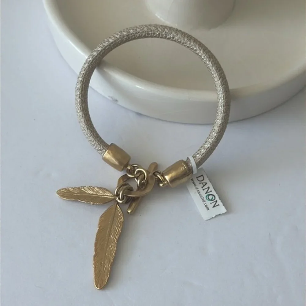 Danon Leather Gold Bracelet with Metal Leaves Gold Color 7